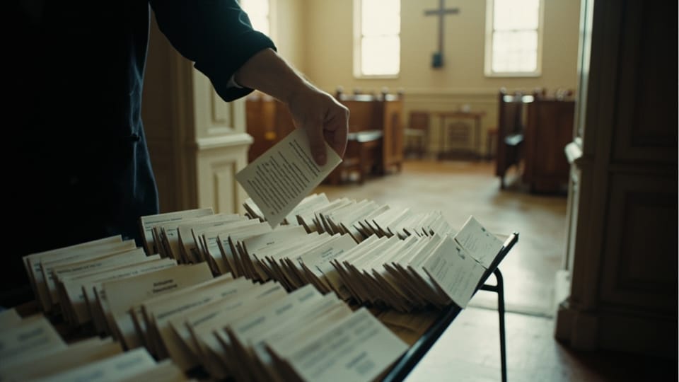 Stacks of folded paper programmes on a table in a church entrance