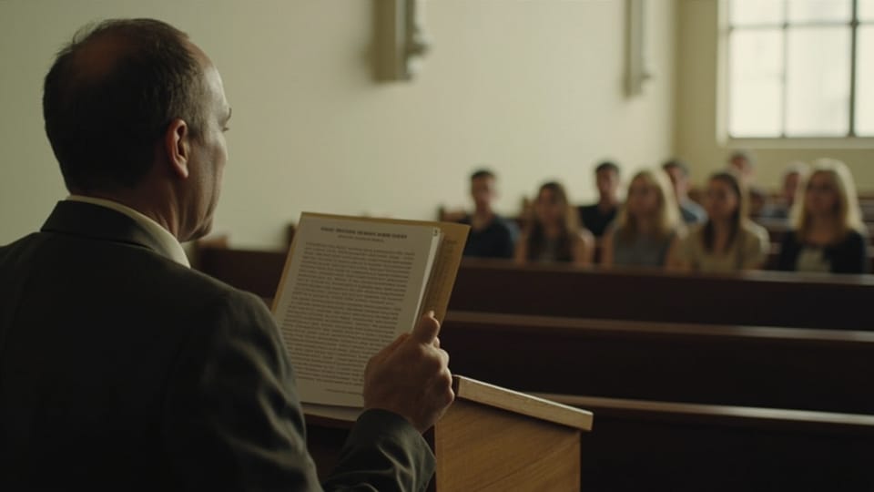 Someone reading announcements from a lectern to a small group