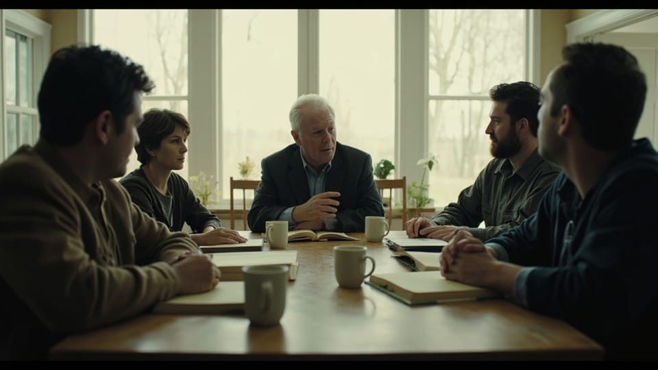 A small group around a kitchen table with open books