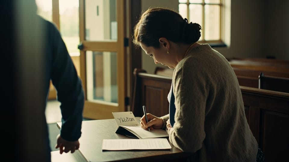 A volunteer writing on a visitor card at a welcome table