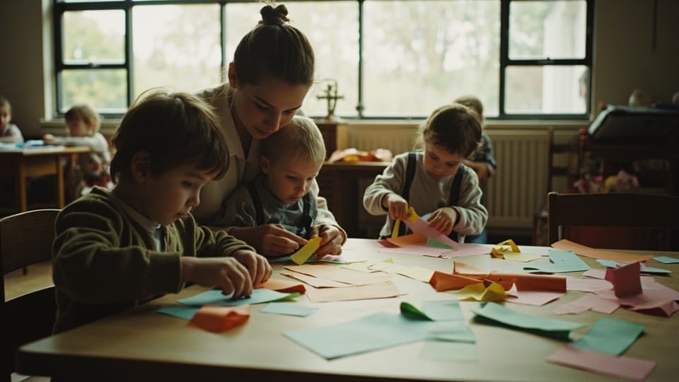 Children doing a paper craft at a low table with a volunteer helping