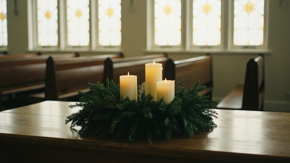 An Advent wreath of evergreen and candles on a wooden table in an empty sanctuary