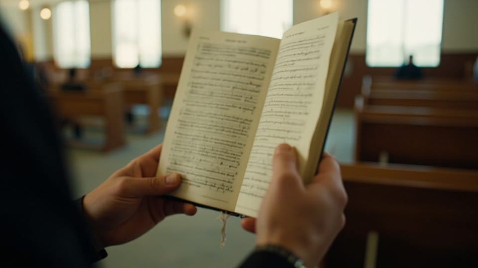 Hands holding an open hymnal with a printed order of service inside